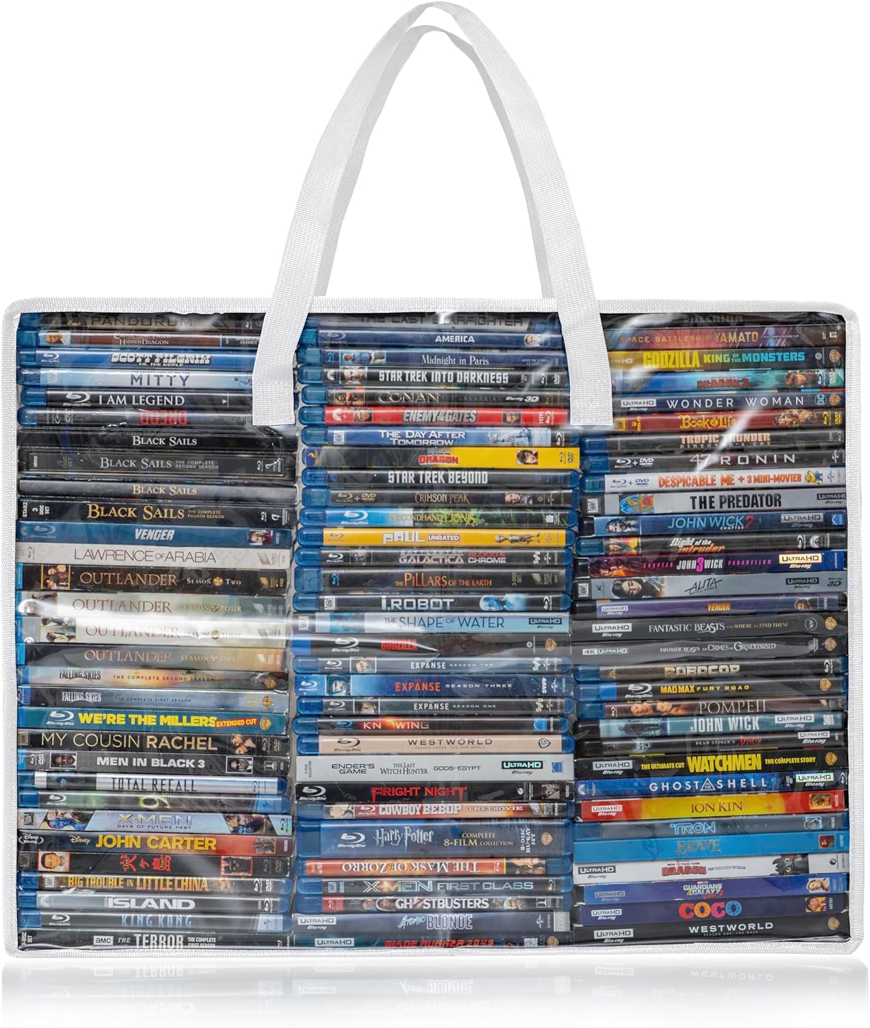 Besti Blu Ray Case Holder Organizer, Set of 2 Clear Plastic Bags with Handles for Storing Blurays, DVDs, CDs, Storage Bags for Video Game Cases, Holds Up To 90 Bluray and 60 DVD Cases (White)