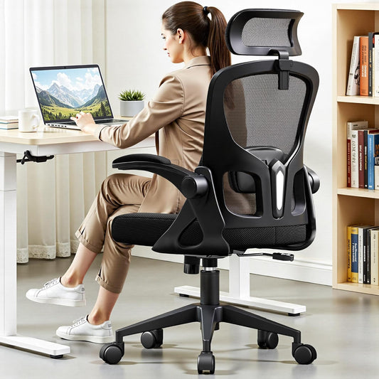 Ergonomic Office Chair, Mesh Desk Chair with Adjustable Headrest & Lumbar Support, Rolling Computer Chair with Flip-up Armrests, Comfy Swivel Home Office Chair for Long Hours - Black
