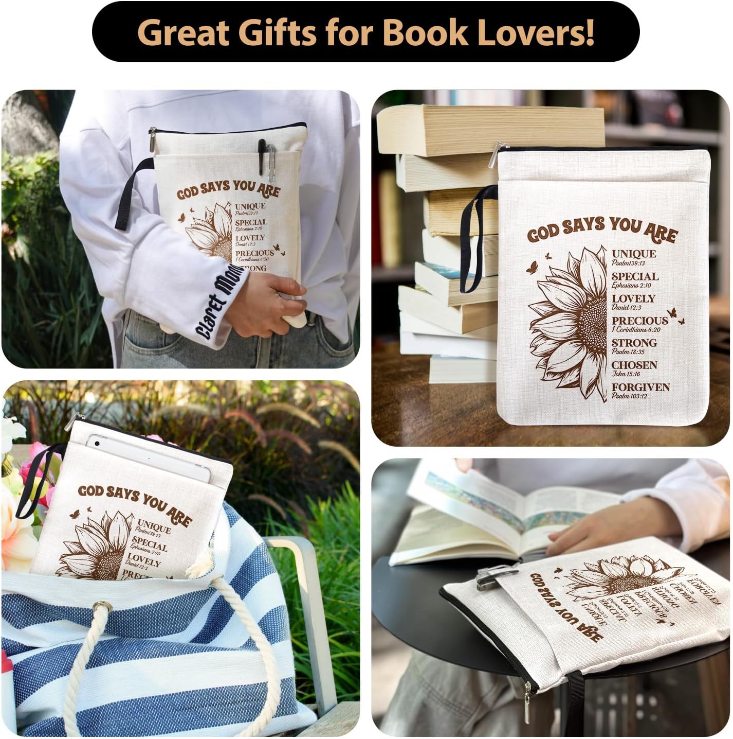 Bible Book Covers for Christian Book Lovers Women with Zipper & Handle, Birthday Reading Day Thankful Gifts for Friends - God Says You are Beautifull Sunflower Decor Book Sleeve Encourage Gifts
