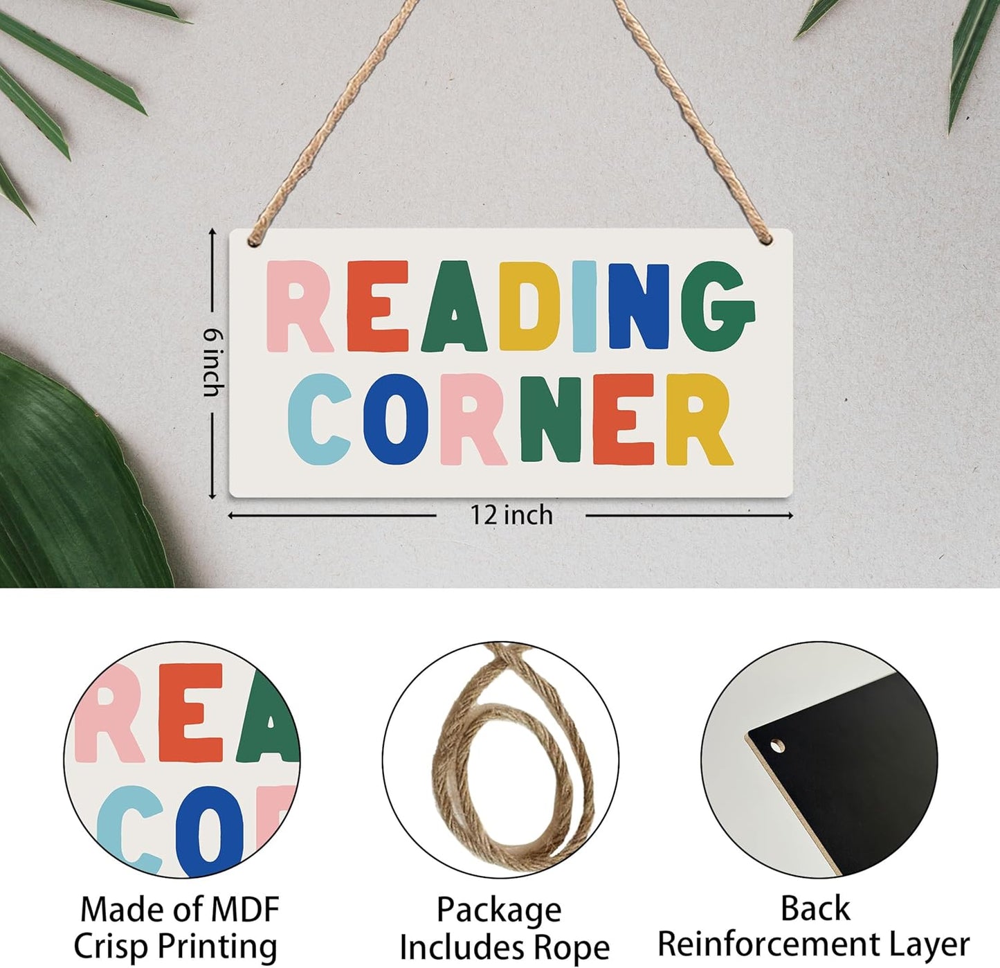 Reading Corner Wooden Sign - Boho Rainbow Reading Corner Wall Decor, Reading Room Hanging Plaque Sign for Library School Classroom Toddler Kids Room 12x6 Inches