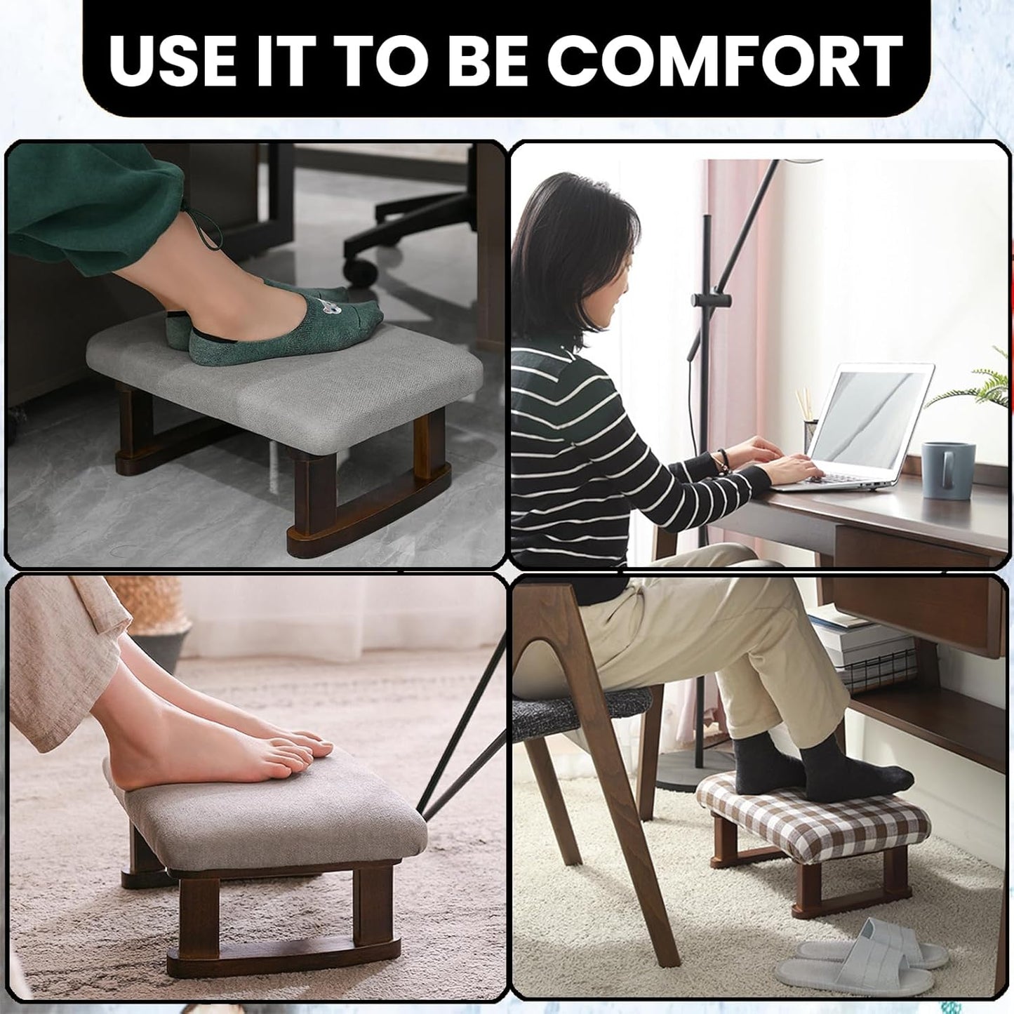 Small Footstool Office Under Desk Ottoman Padded Hassock 16.1"(41cm) x 6.7"(17cm) with Wooden Legs Modern Living Room Bedroom Work Nail Salon Compact Footrest Stool Relaxation Rest Foot Stool (Grey)