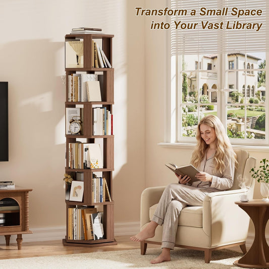 Rotating Bookshelf Tower, 6 Tier Spinning Book Shelf, Wood Round Revolving Bookcase, Narrow Rolling Bookshelves, Vertical Book Storage for Corner Small Spaces, Bedroom, Living Room,Walnut