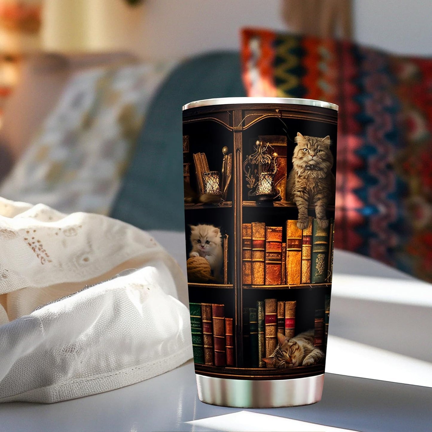 2IMT Cat Book Tumbler Library Travel Mug Book Gifts For Book Lovers For Cat Lovers Women - Bookish Gift For Readers - Reading Mug Bookish Mugs Stainless Steel Tumbler 20oz with Lid