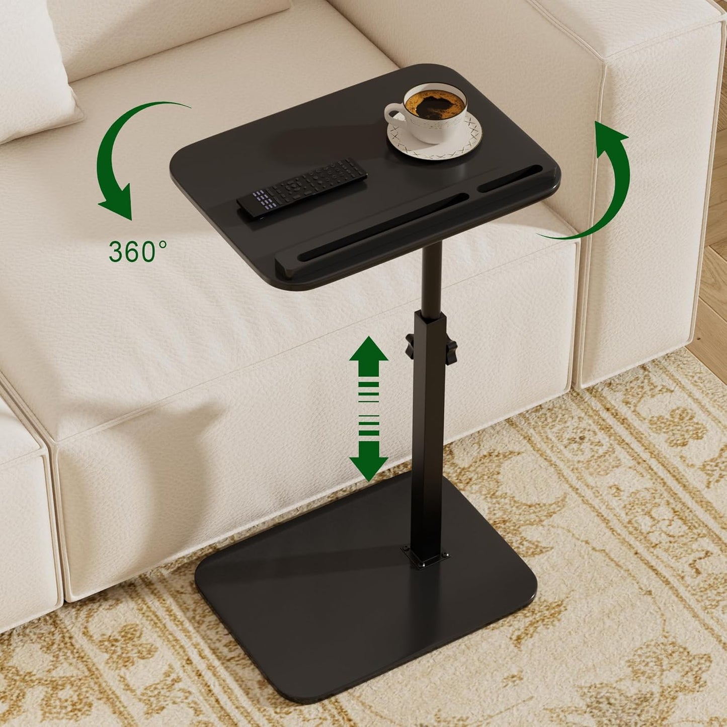 Sofa Side Tray Table for Couch - Set of 2 Adjustable Height 360° Swivel C Table for Sofa & Bed, Use as TV Tray Laptop Stand Snack Table Reading Desk, Fits Eating Working Studying