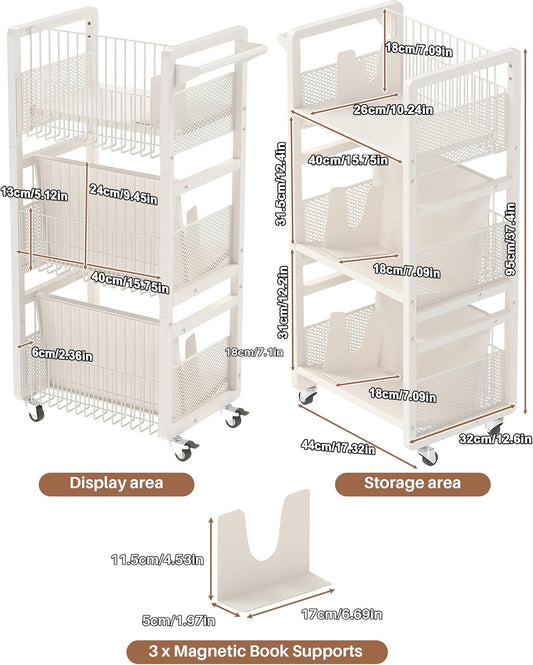 UMDONX Heavy-Duty Double-Sided Book Cart with Silent Wheels and 3 Magnetic Book Shelves, Rolling Book Shelf, Library Book Cart, Suitable for Home, Office, or School (White)