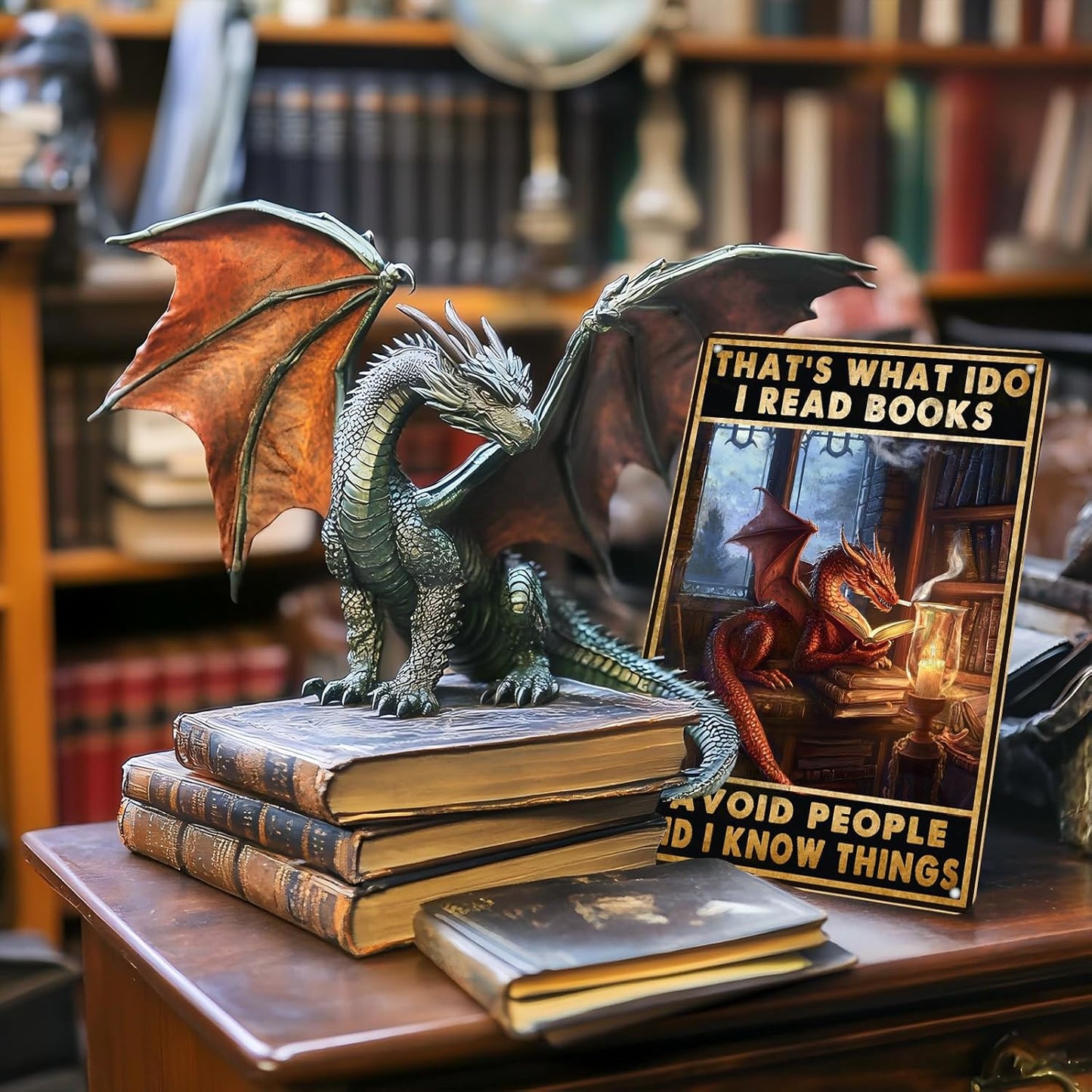 PEACHGARDEN Dragon Decor Bookish Metal Sign That's What I Do I Read Books Dragon Poster Vintage Wall Art Decor for Bookshelf Library Reading Corner Office Bar Living Room 8x12inch