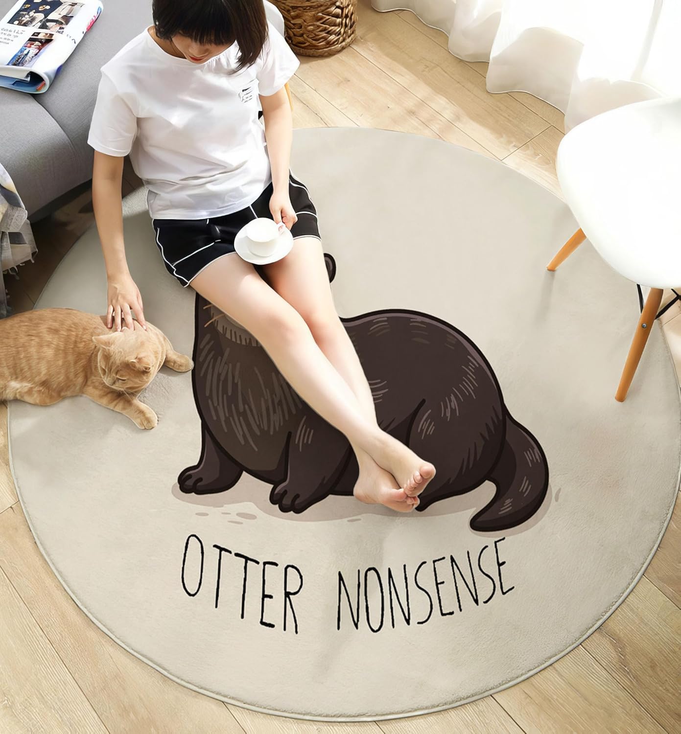 Modern Round Area Rug for Living Room, 5.25Ft Washable Round Rug Beige Fun Otter Letters Circle Rugs for Dining Room Table, Cartoon Animals Small Circular Floor Carpet for Bedroom