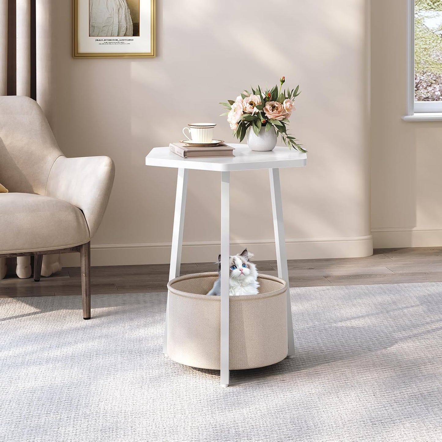 Small Side Table, Round End Table with Storage Basket, Modern Nightstand for Small Space, Hexagonal Bedside Table, Couch Side Table for Living Room, Bedroom, White ETWT9901