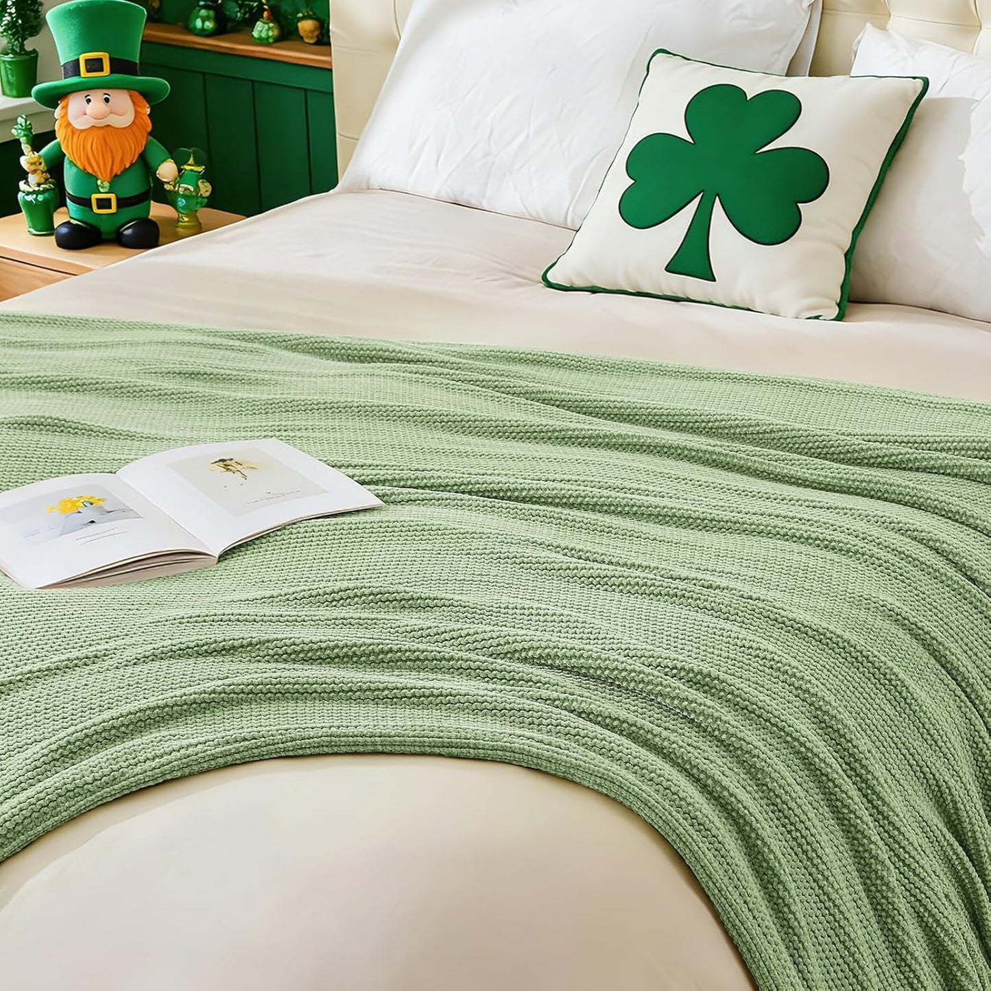 inhand Basil Green Throw Blanket for Couch Bed,St. Patrick’s Day Lucky Spring Gifts Throw for Men Women,Chunky Chenille Woven Soft Warm Blanket,Boho Farmhouse Cozy Decor,60"x80",Medium Thick,