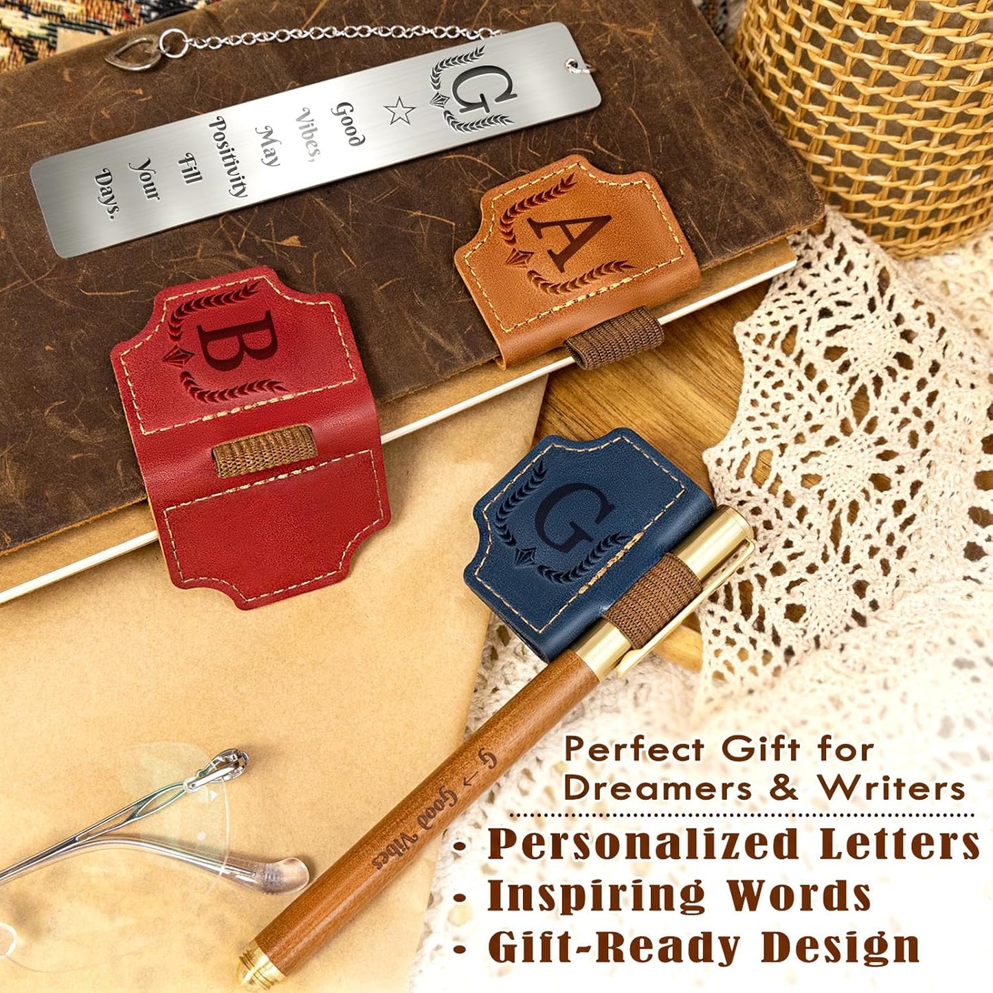 3Pcs Personalized Magnetic Leather Bookmark with Pen Holder Include Custom Metal Book Marks & Wooden Pen, Customized Book Markers Gift for Book Lover Readers Women & Men Book Accessories(Blue,C)