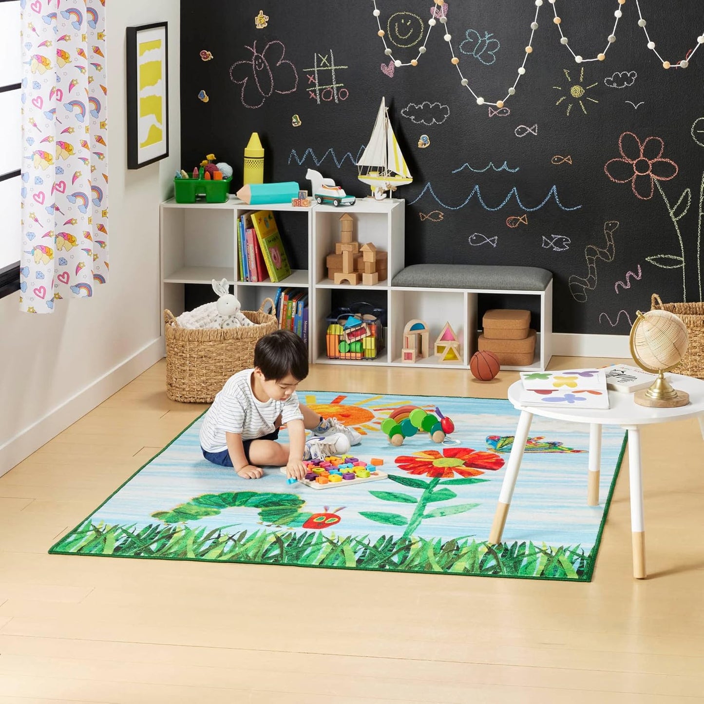 Home Dynamix Eric Carle The Very Hungry Caterpillar Elementary Sun Scene Kids Machine Washable Area Rug, Blue/Green, 35"x51"
