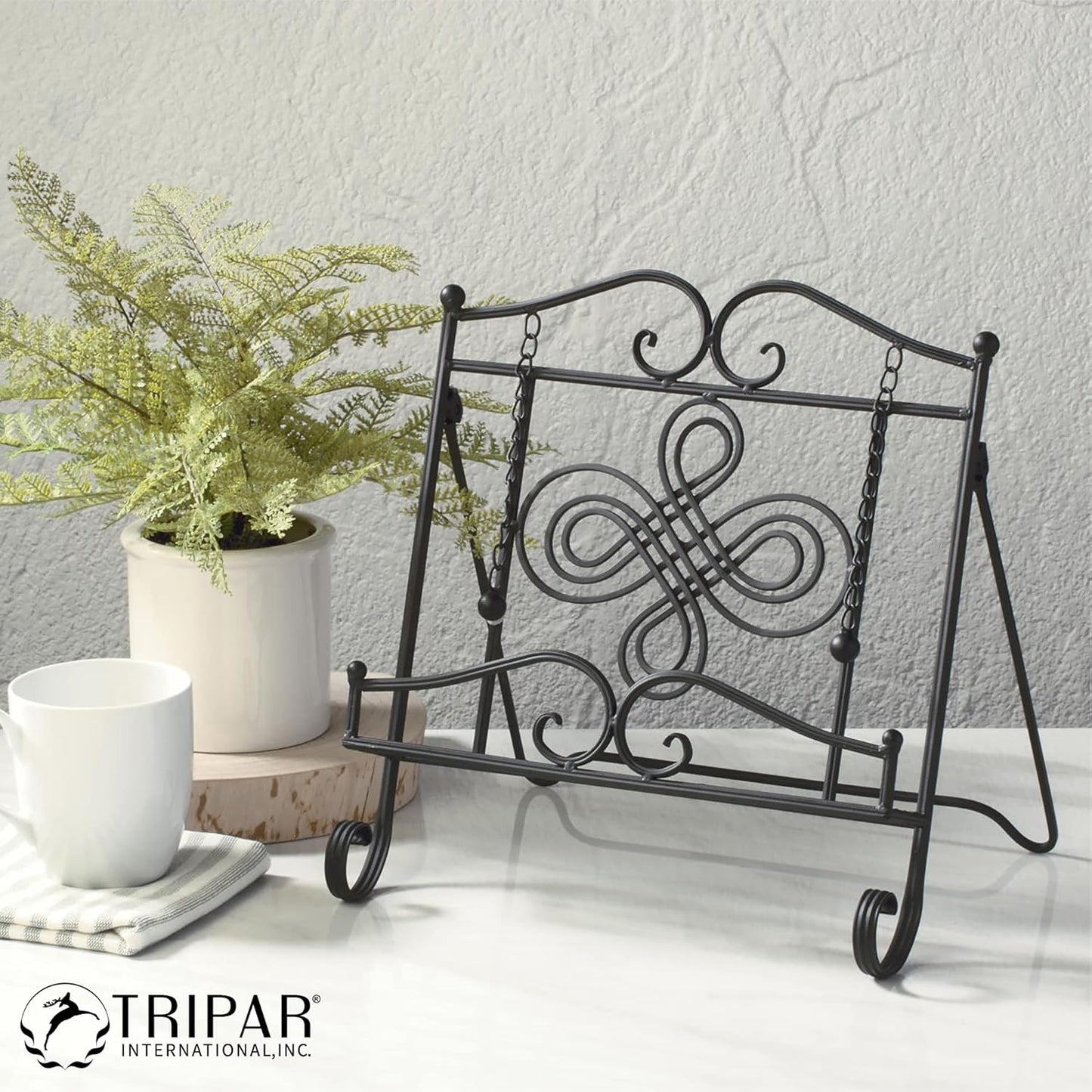 TRIPAR Swirl Design Black Metal Cookbook Stand for Cookbooks, Recipe Holders, Tablets, Catalogs, Portable, Adjustable, Free Standing