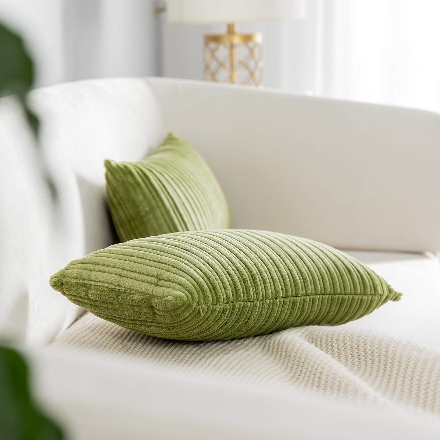 Kevin Textile Velvet Lumbar Pillow Covers Striped, Spring Decorative Throw Cushion Case with Hidden Zipper for Home Couch/Bedroom/Car, Soft Cozy Solid Oblong, 2 Pack (12"x20",Green)