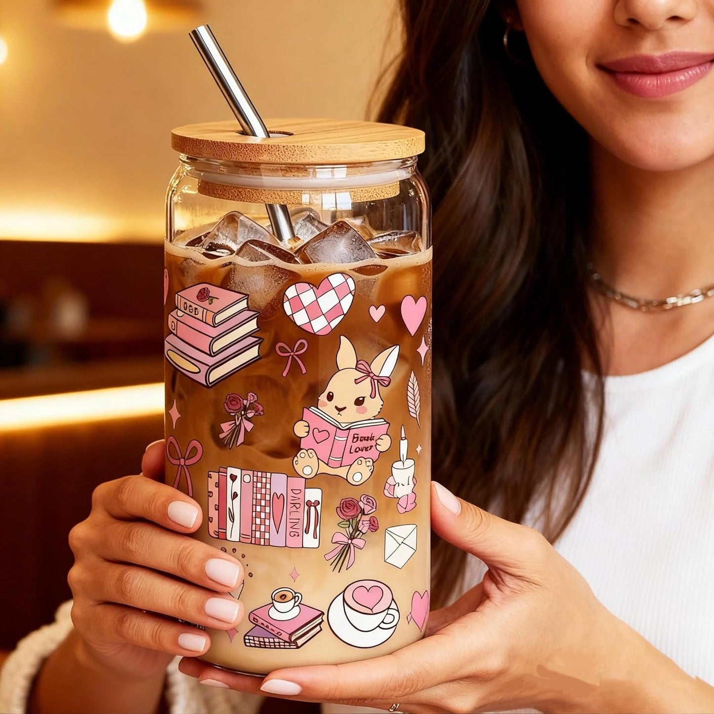 JOYMIA Iced Coffee Cup with Lid & Straw - Book Lovers Gifts for Women, Cute Cups for Reading & Office, Valentine’s Day Present, Bookish Gifts for Her