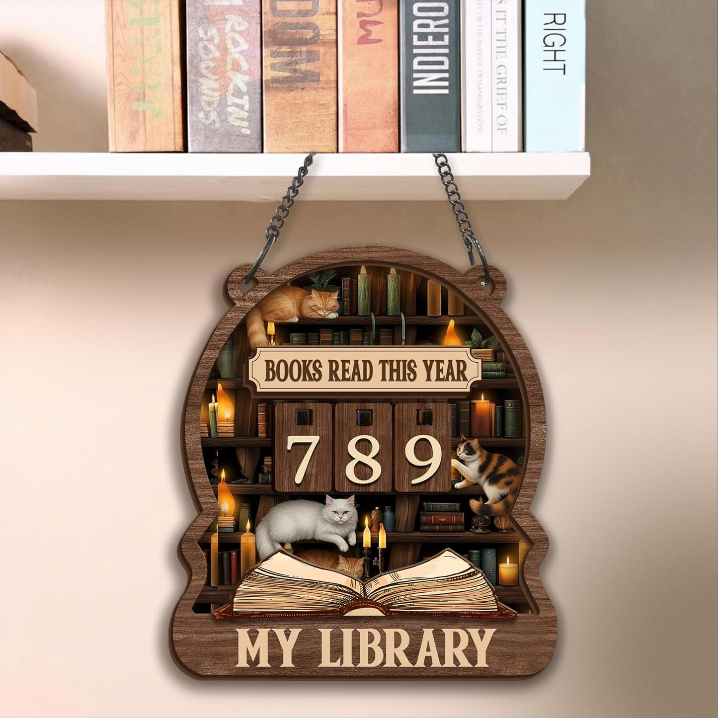 Books Read This Year Counter, Wooden Books Accessories for Book Shelf Decor, Books Reading Tracker Sign with Hanging Chain & Table Stand, Gifts for Book Lover, Reading Challenge Library Bookish Decor