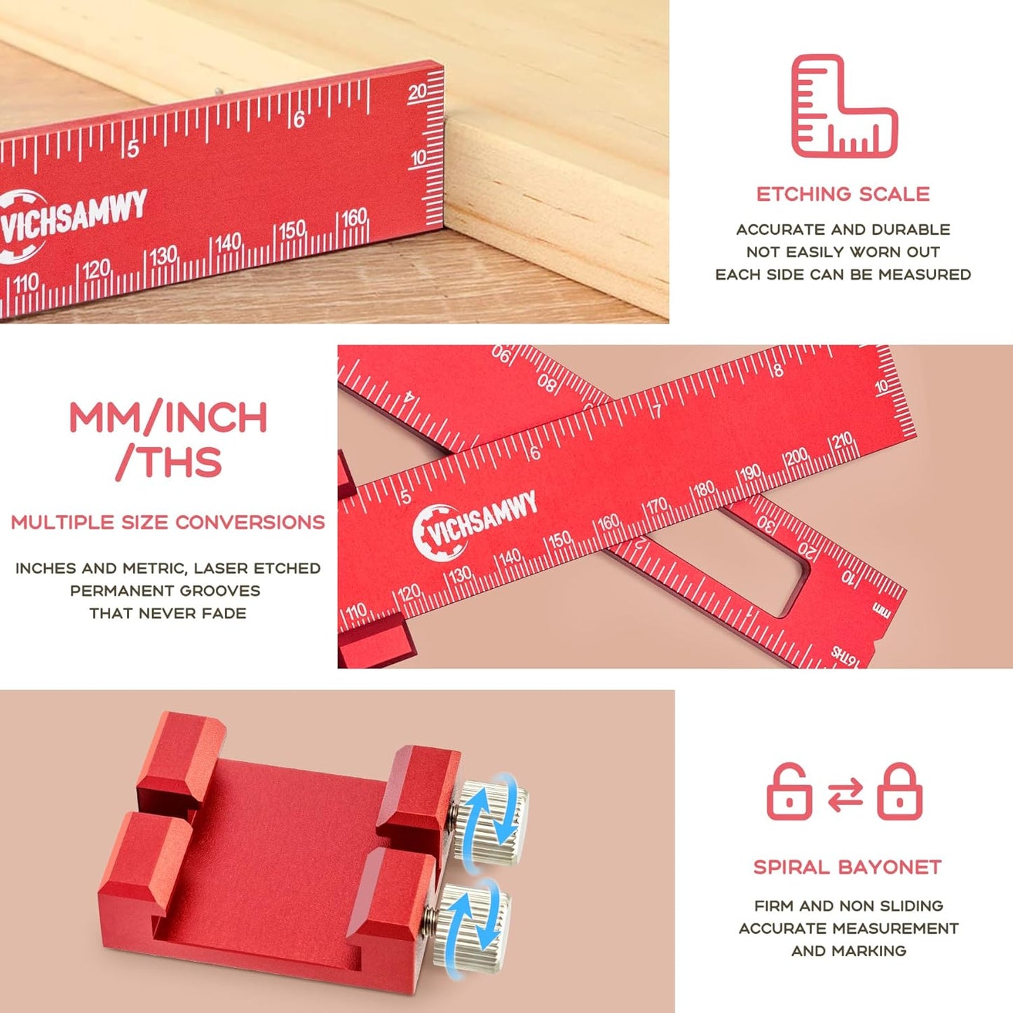 Precision Metal Slide Stop Scribing Ruler - 12, 8 & 6 Inch, Adjustable Measuring & Marking for Woodworking