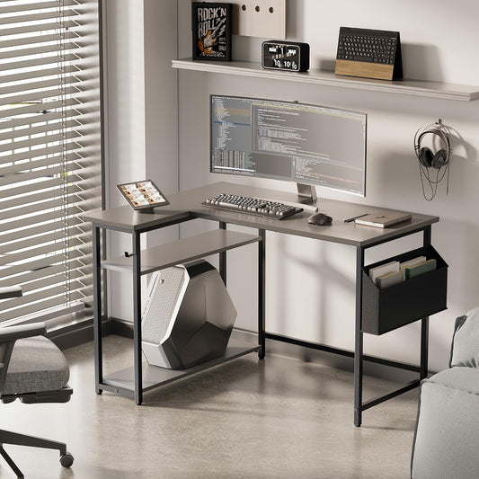 Pamray 40 Inch L Shaped Computer Desk with Reversible Side Storage Shelves, Small Corner Desk for Small Space Home Office, Writing Study Table PC Desk for Bedroom, Grey