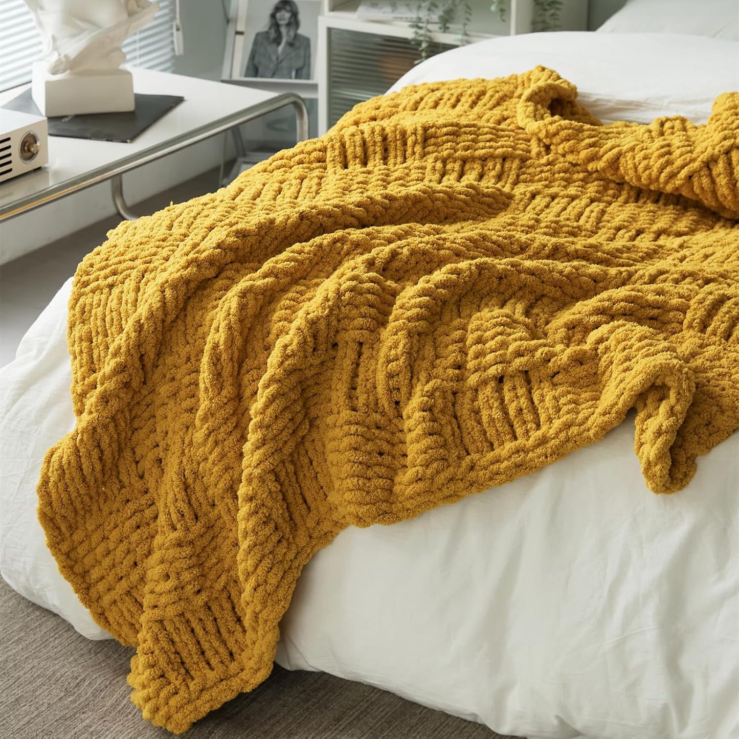 YIRUIO Handmade Chunky Knit Throw Blanket Cable with Checkered Pattern 60x80 Oversized Throw Larger Yarn Ultra Soft Cozy Warm for Home Décor Couch Sofa Bed (Turmeric, Twin XL)