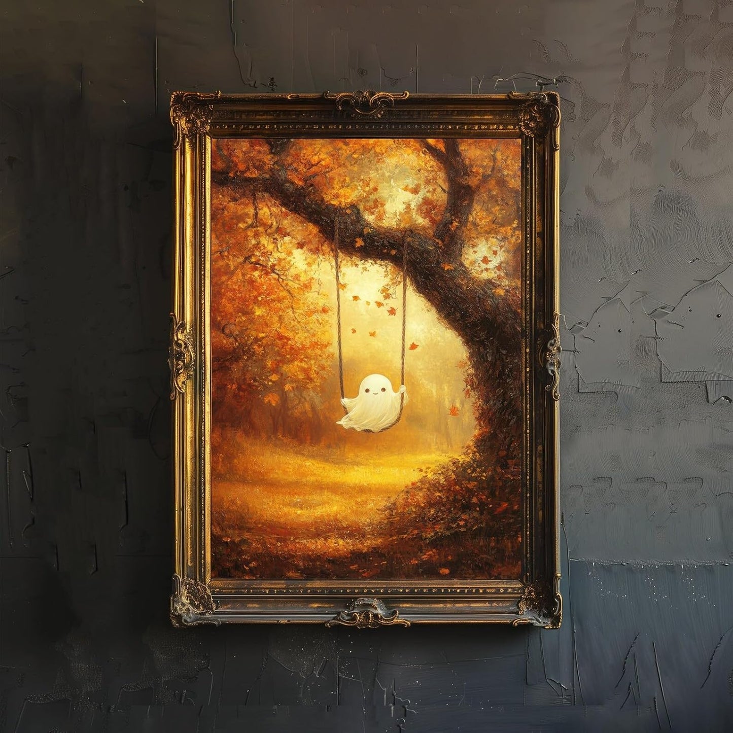 Ghost on Swing Wall Art Framed 12x16 Inches Dark Academia Poster Haunted Forest Painting Rustic Aesthetic Ghost Print Halloween Wall Decor Vintage Nature Picture Cottagecore Art.Living Room, Halloween Aesthetic