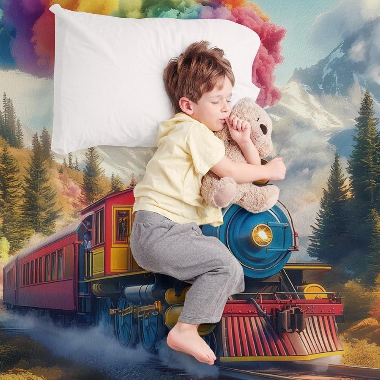 Steam Train Rainbow Cloud Sky Forests Mountain Throw Blanket for Couch Bed Plush Cozy Fuzzy Flannel Blanket for All Season 55"x70"