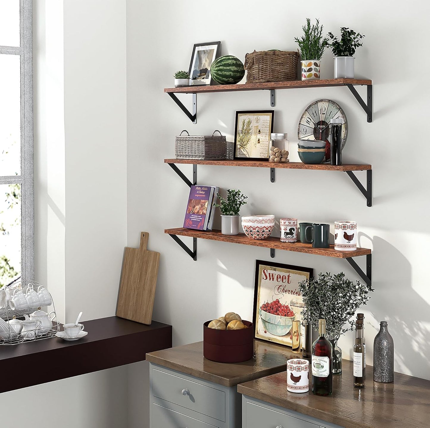 Heimlove Floating Shelves for Wall, 36 Inch Long Wood Floating Bookshelf Set of 3, Wall Mounted Hanging Shelf for Bathroom Bedroom Kitchen, Rustic Brown