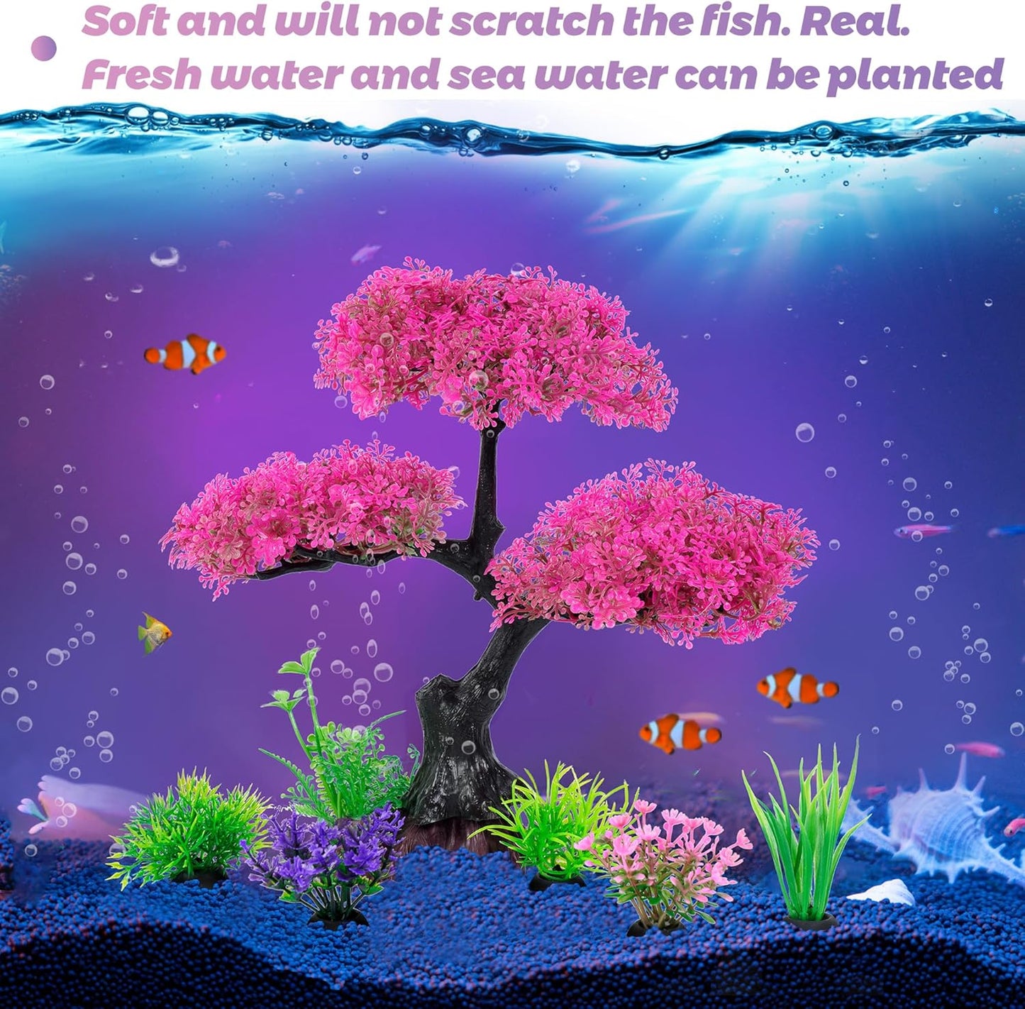 Ameliade Aquarium Artificial Plastic Plants Decoration, Pink Cherry Blossom Tree Aquarium Decor Set, Goldfish Betta Fish Tank Decorations Hides Accessories(Pink