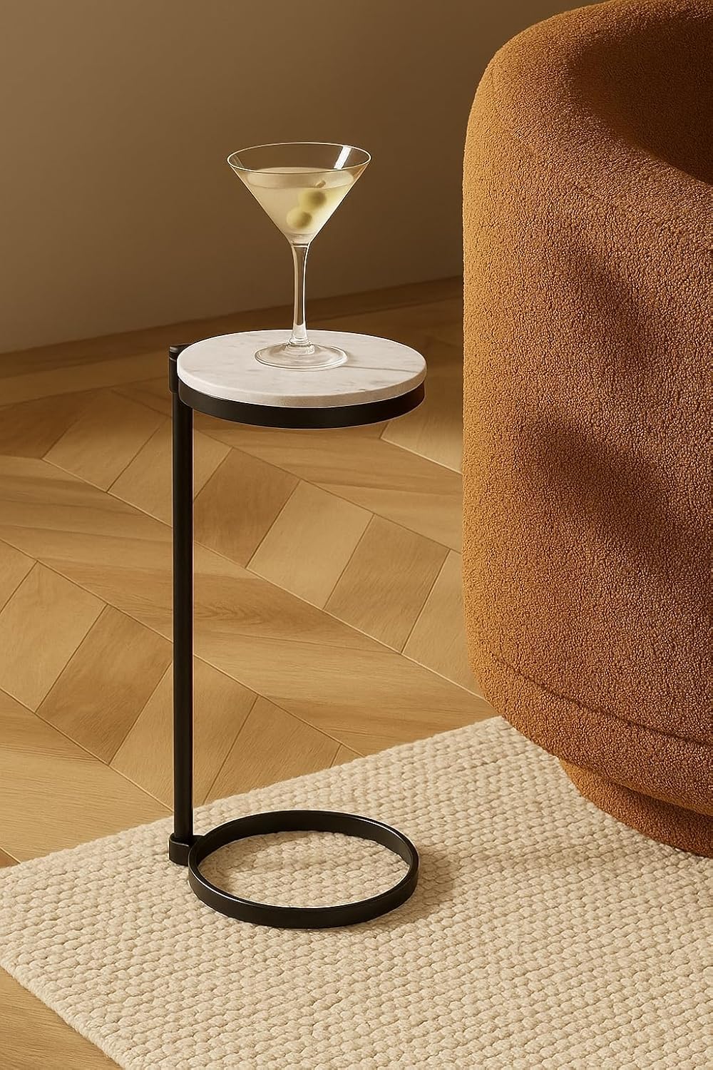 TEHOME Gold Glass Drink Table Metal Martini Round Small Drink Side Table for Couch Tempered Glass C Shaped End Table for Sofa 10" diam,24.55" h
