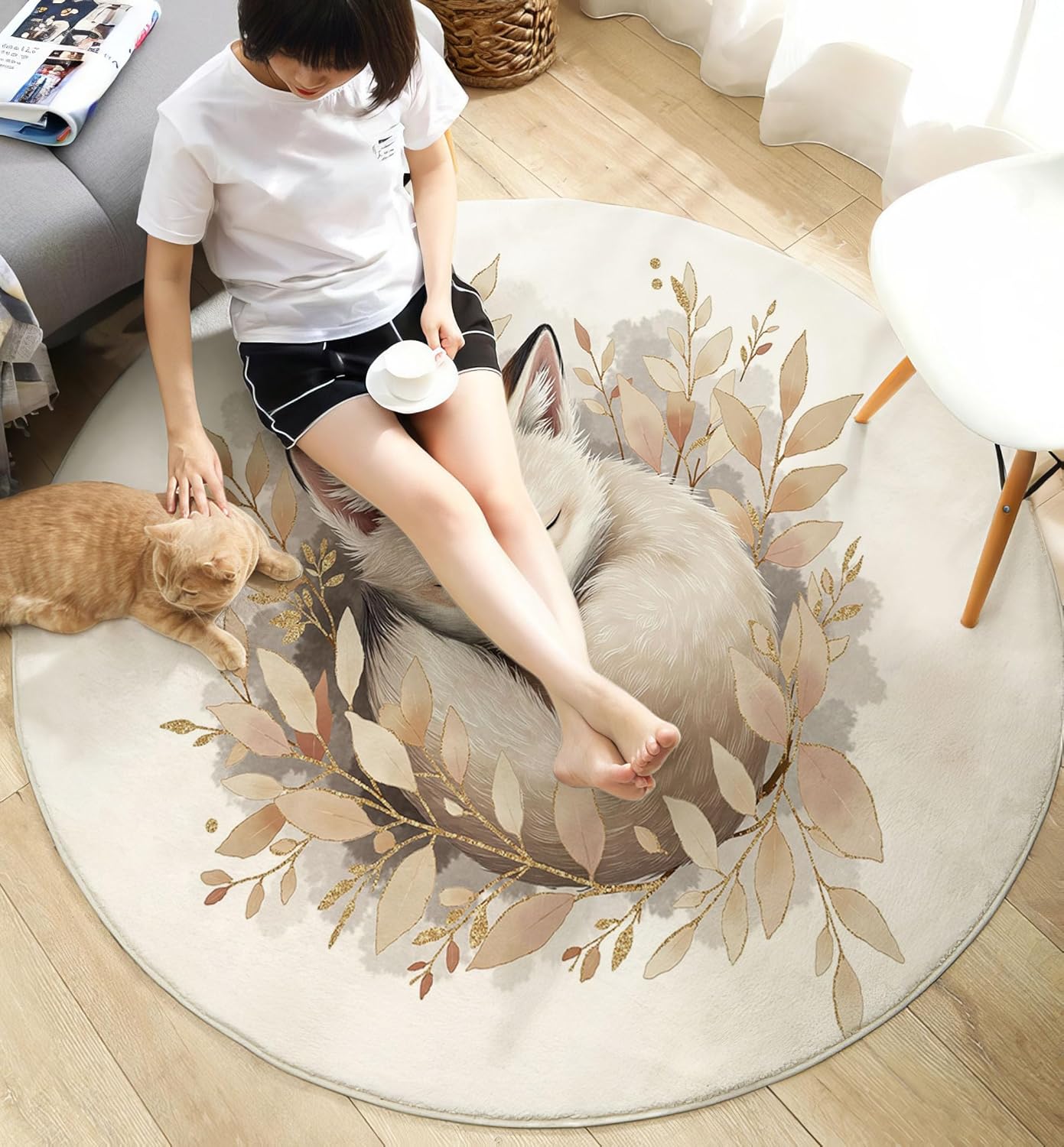 Watercolor Fox Twigs Round Rugs 2Ft, Animal Illustration Round Living Room Area Rug, Washable Large Soft Circle Rug for Bedroom, Non Slip Ultra Thin Floor Carpet for Dining Room, Beige
