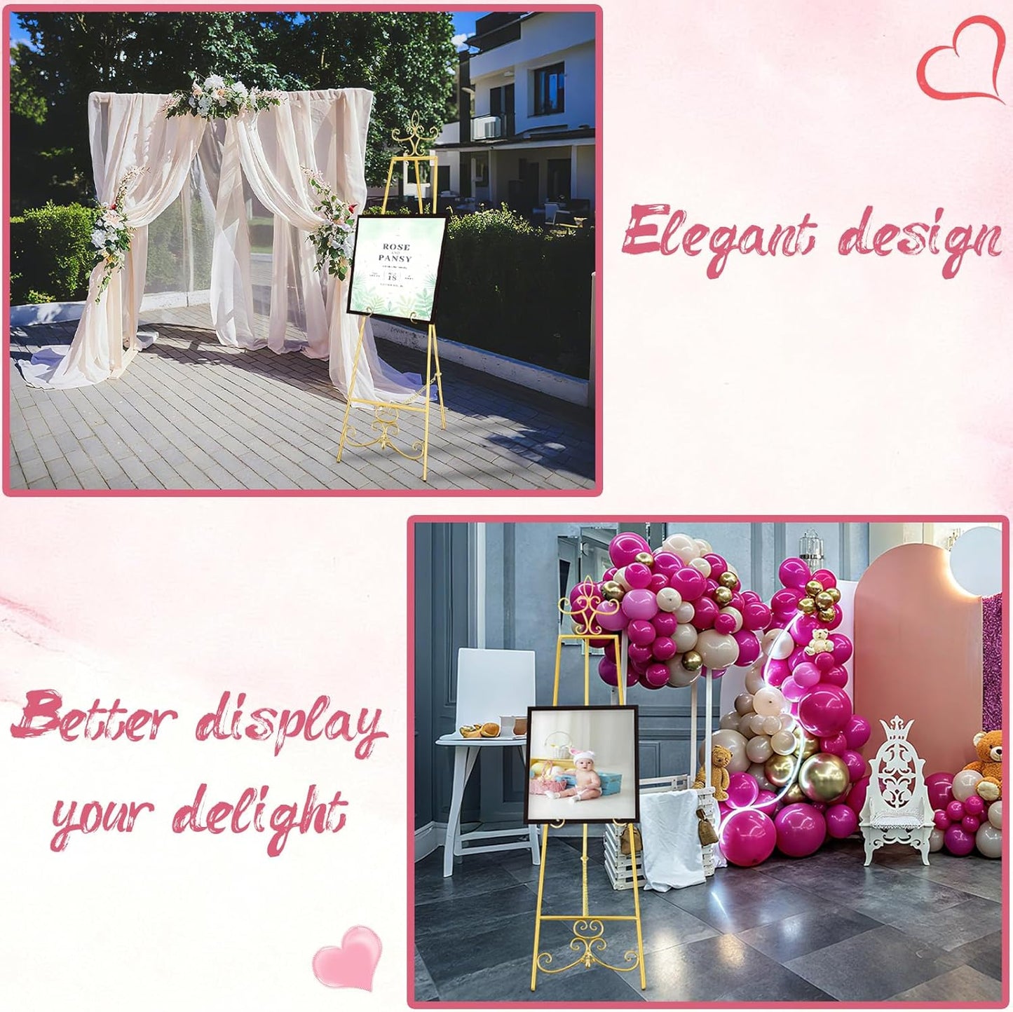 57'' Gold Easel Stand for Sign, Heavy Duty Metal Display Stand with Adjustable Chain, Vintage Decor Art Easel for Display, Picture Frame Stands for Wedding Welcome Sign Posters Painting