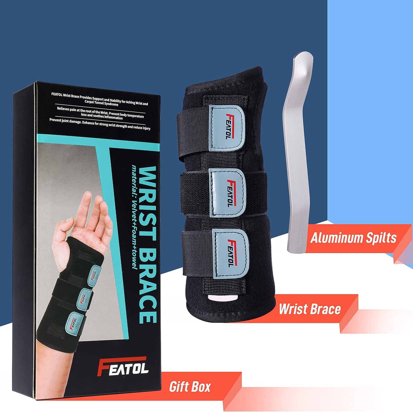 FEATOL Wrist Brace Hand Brace, Carpal Tunnel Wrist Splint Night Support for Women Men, Pain Relief Support -Tendonitis, Arthritis, Sprain, Right Hand, Medium/Large