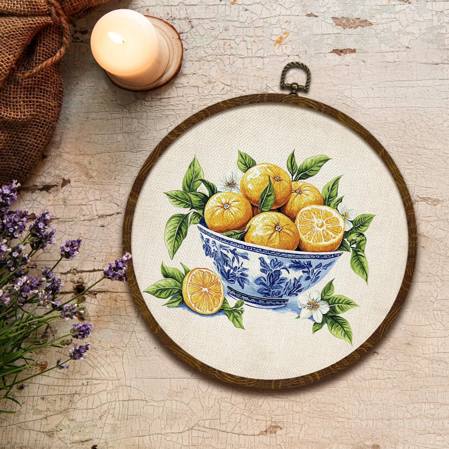 Vintage Lemon Round Wall Art, Retro Fruit Canvas Print Still Life Art Kitchen,Country Neutual Circular Wall Hanging Framed Decor for Farmhouse,Living Room, Kitchen Neutral Retro Artwork 10x10in (Yellow-Lemon)