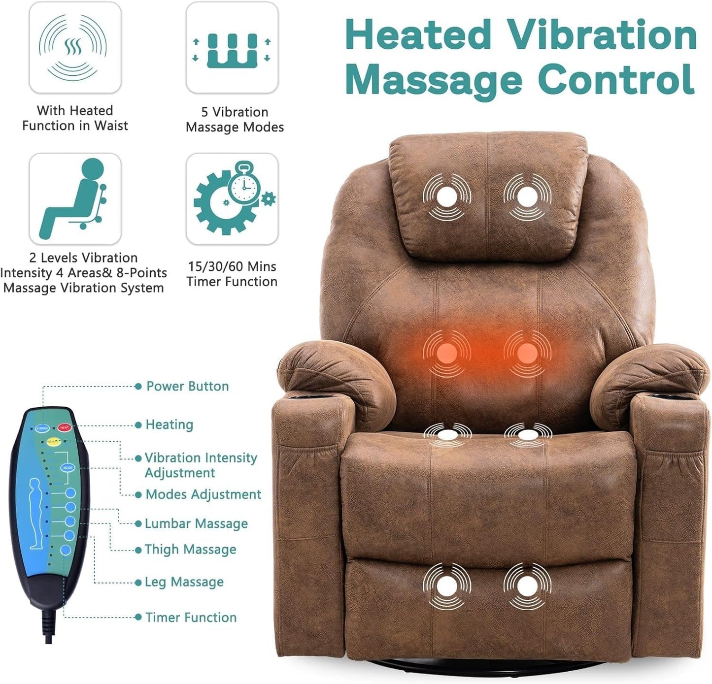 Manual Swivel Rocker Recliner Chair with Heat, Ergonomic Glider Rocking Reclining Chair, 360 Degree Swivel Lounge Chair with Cup Holders & Pockets for Living Room, Bedroom