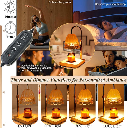 Glass Flower Lampshape Candle Warmer Lamp with Adjustable Height, Wax Burner Lamp with Timer and Dimmer, Wooden Base Candle Warmer, Women's Gifts (Amber)
