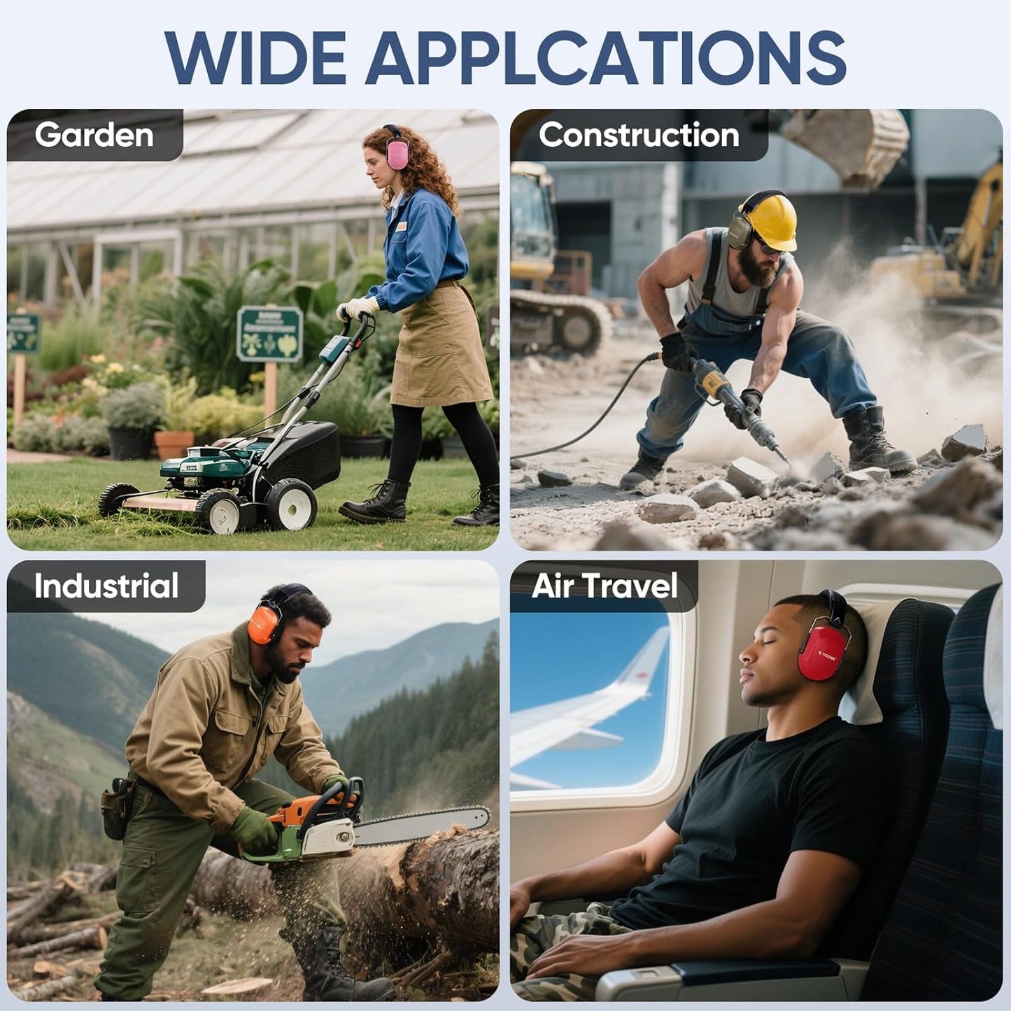 TICONN Noise Cancelling Ear Muffs for Adults, SNR 33dB Hearing Protection, Adjustable Safety Earmuffs for Construction