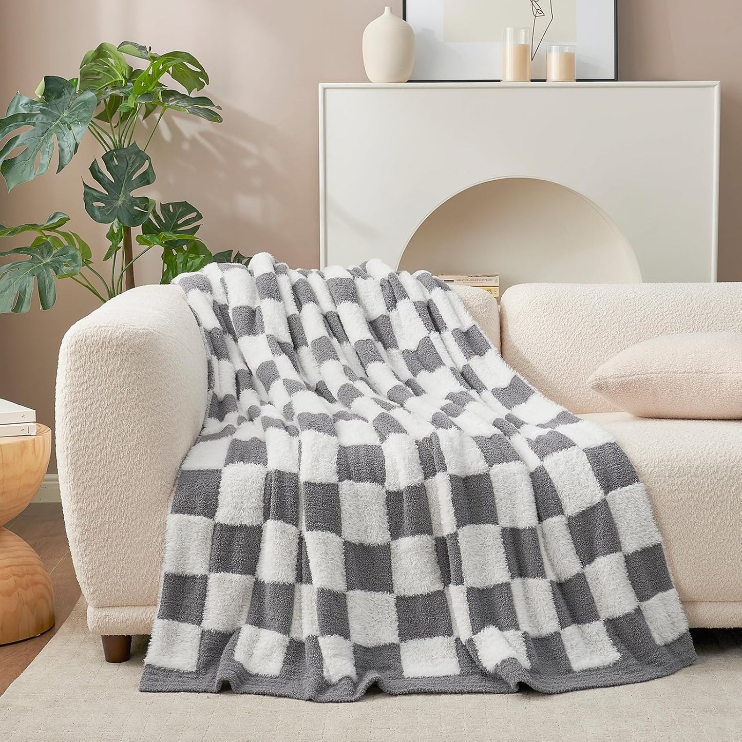Snuggle Sac Faux Fur Throw Blanket for Couch, Cozy Soft Warm Blankets for Sofa Bedroom Living Room,Grey Checker,50x60 inches
