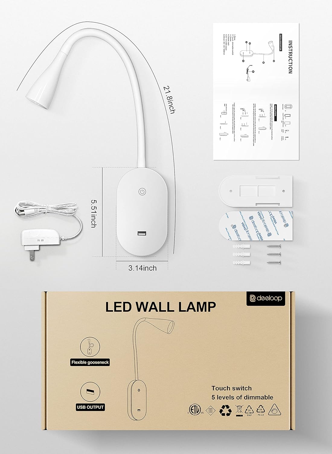 deeloop LED Wall Mount Reading Light for Bed, Reading Lamp with USB Output 5 Brightness Levels Touch Control Book Lights, 4000K Bedside Lamp Flexible Head Rotation, 2 Easy Install Options