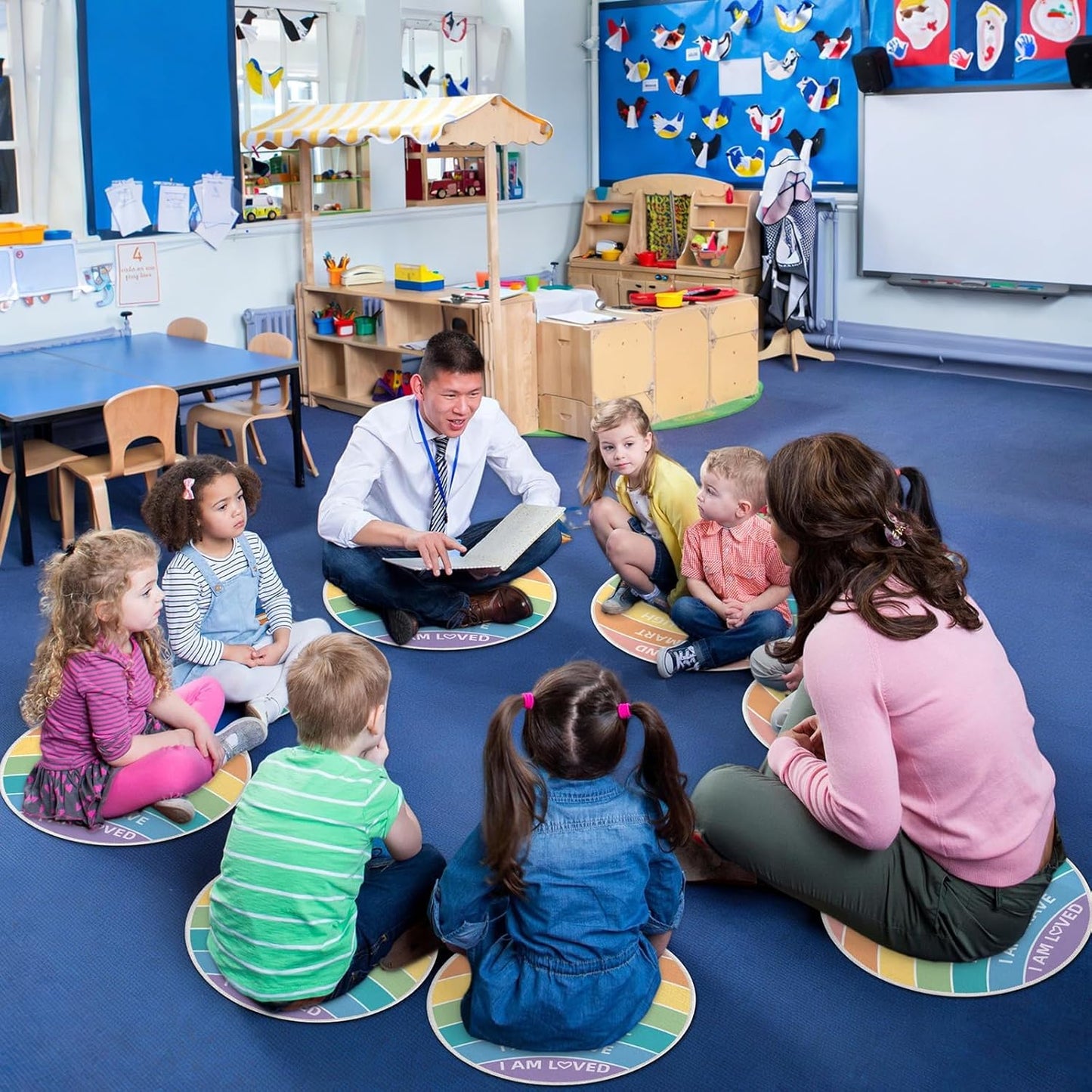 12 Pcs Carpet Circle Seats 15 Inch Positive Affirmations Round Classroom Rug for Non Slip Floor Cushions Mat for Back to School Nursery Learning Calm Down Corner Playing Areas Decor(Rainbow)
