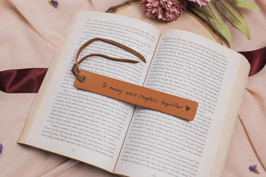 Engraved Leather Bookmark - to Many More Chapters Together, Book Club Reading Page Marker, Gift for Book Lover Nerd Bookworm Wife Girlfriend Fiance Third Year Wedding Anniversary Engagement