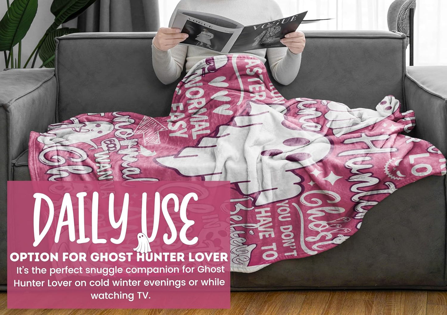 Ghost Hunter Gifts for Women, Halloween Blanket for Ghost Hunting Soft Flannel Blanket Throws (50"x 65") Pink