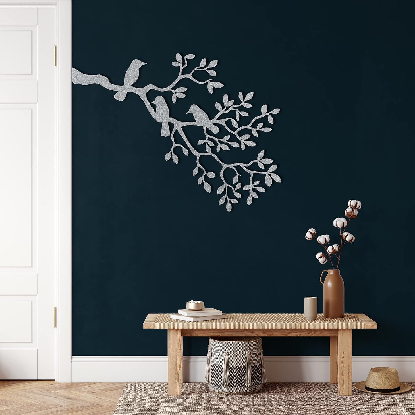 Metal Wall Decor, Branch And Birds , Home Living Room Decor, Wall Sign, Metal Wall Art, Interior Decoration, Indoor Outdoor Hangings, Silver (118x87cm)