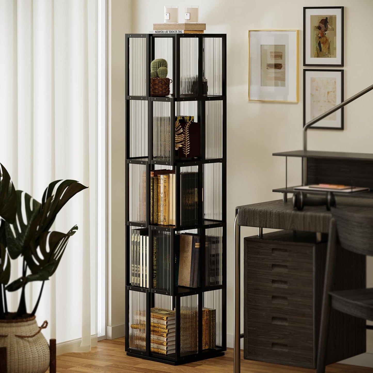 BAMEOS Solid Wood Rotating Bookshelf Tower 5 Tier,360°Storage Spinning Bookcase, Black Cube Corner Bookshelf for Office,Bedroom and Living Room