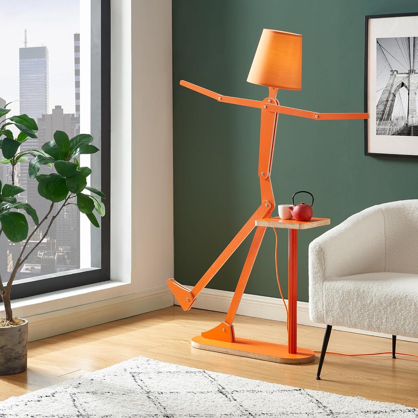 Unique Wood Floor Lamp Tea Table Storage for Living Room Bedroom Kids Bedside - Corner Reading Creative Swing Arm Standing Light for Home Office Farmhouse - LED Bulb Included (Orange Table)
