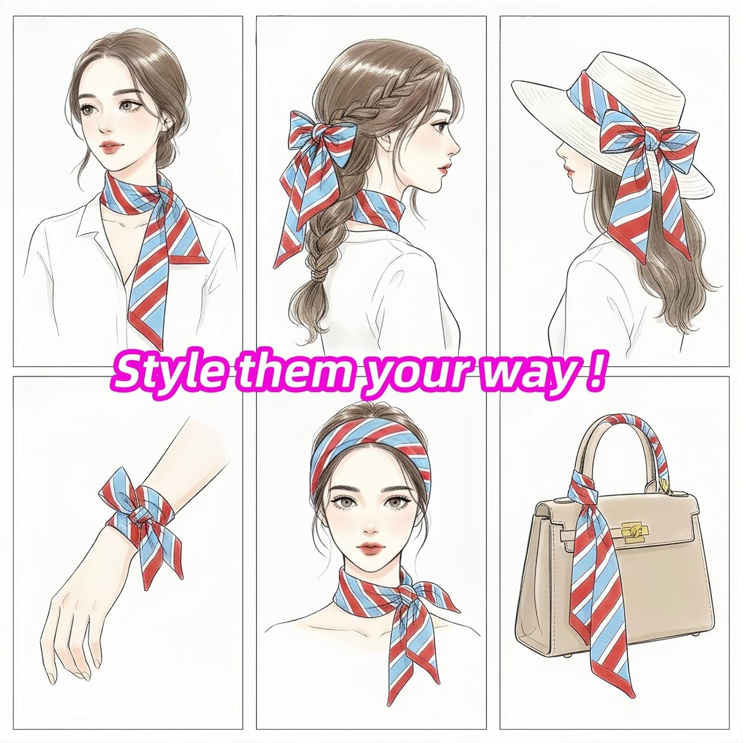 GoldenLife Fashion Scarves for Women, Multifunctional Boho Scarves Headbands Satin Scarf for Bag Hair Accessories (6 Pack)
