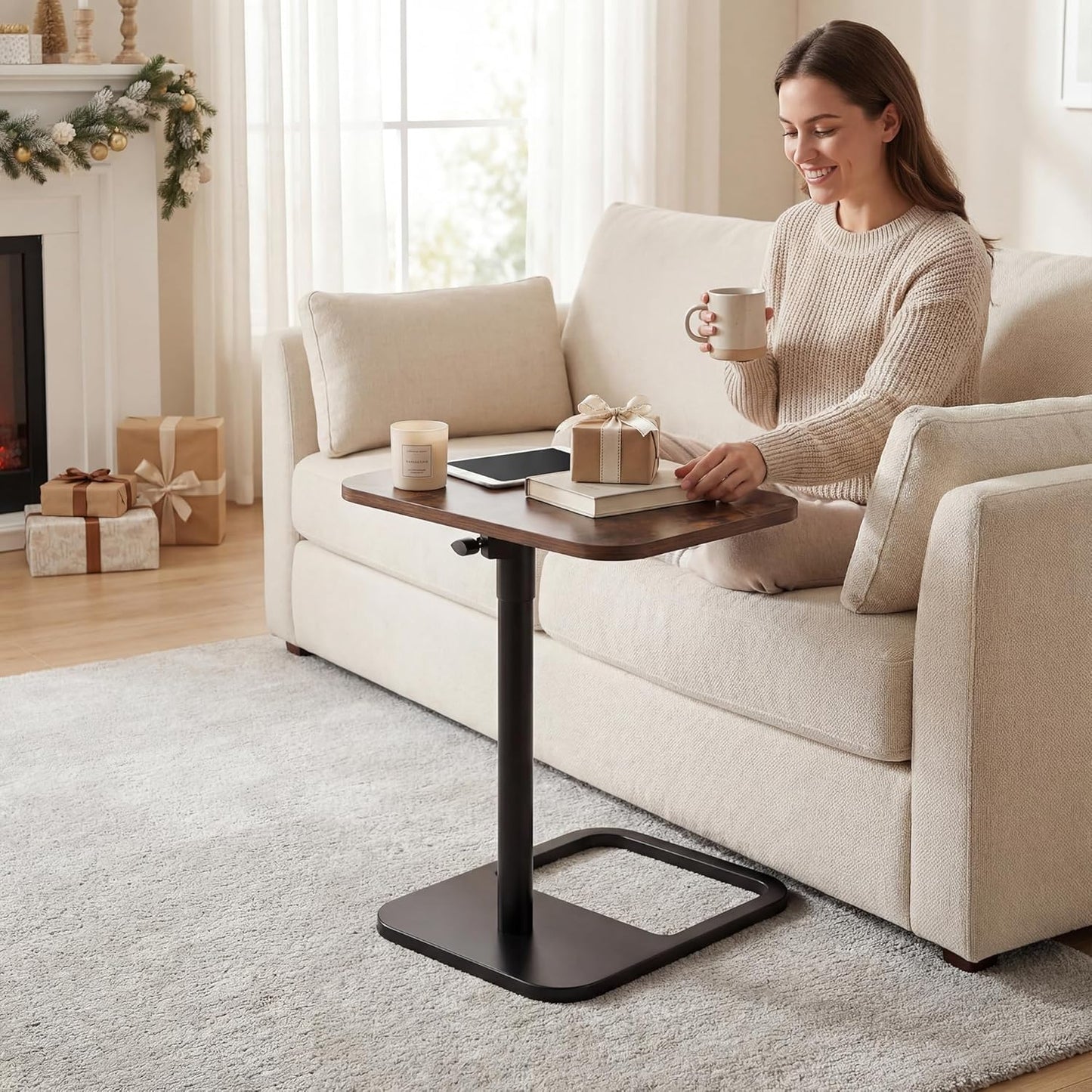 360° Swivel Sofa Tray Table for Couch Arm - Height Adjustable Rotatable End Table for Bed or Chair with Phone & Tablet Slots, TV Tray Table, Side Table Tray for Small Spaces(Rich)
