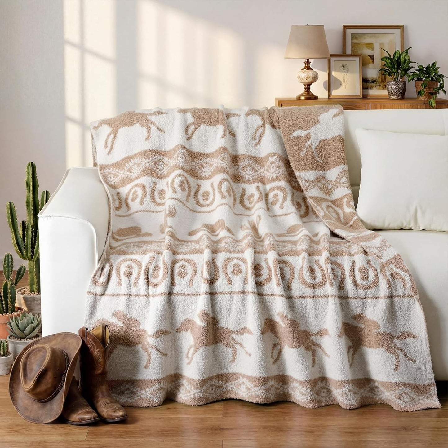 Buryeah 50×60 Inch Western Rodeo Reversible Knitted Throw Blanket, Southwestern Cowboy Knit Throw Blanket, Horse Horseshoe Pattern Rustic Ranch Decor Gift for Couch Sofa Bed