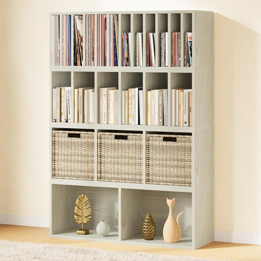 IOTXY DIY Modular Cube Bookcase - CubeXY Customizable Stackable Expandable Combination Set, 23-Cube Open Bookshelf for Books, Fabric Storage Bin, and 7/10-inch Vinyl Record Organizer, Oak