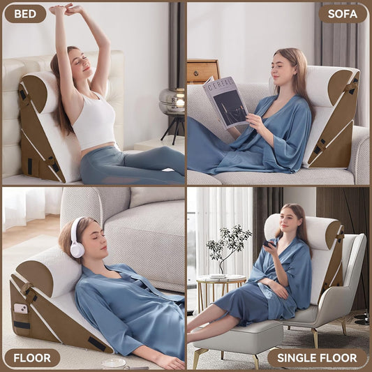 Wedge Pillow Set for After Surgery, 3 PCS Bed Wedge Pillow for Sleeping, Memory Foam Orthopedic Back Pillow for Pain Relief and Acid Reflux, Adjustable Post Surgery Pillow Brown