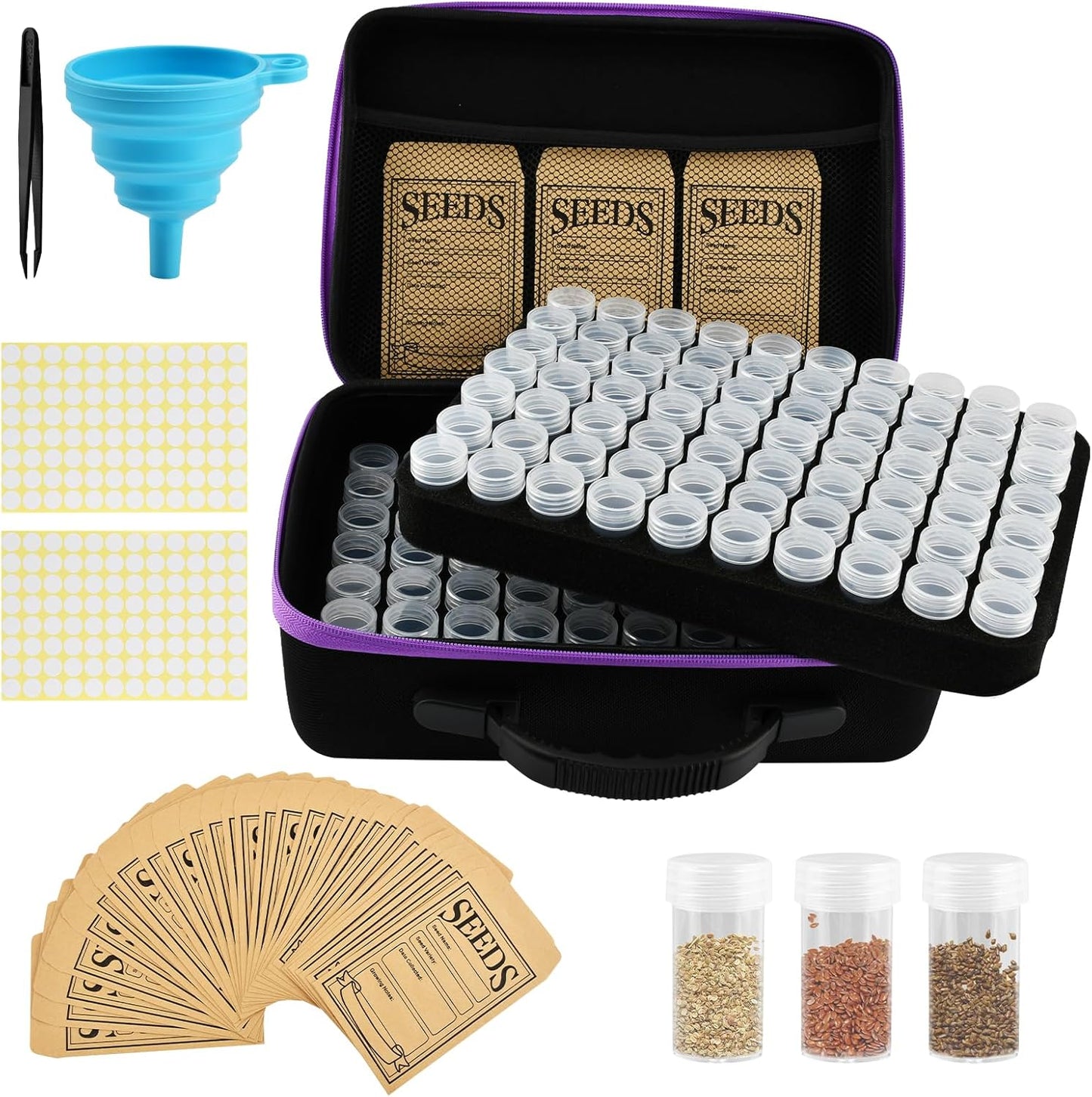 Seed Storage Organizer Box with 140 Slots and Plastic Bottles, Portable Garden Seed Vault Kit with Envelopes,Labels,Funnel,Tweezers, Lightproof EVA Storage Case for Home Gardening