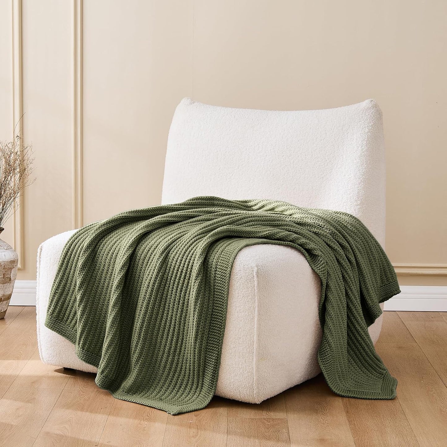 Chunky Knit Olive Green Throw Blanket 60"x80",Soft Cozy Thick Knitted Blanket for Couch Sofa Bed, Cute Decorative Throw for Living Room