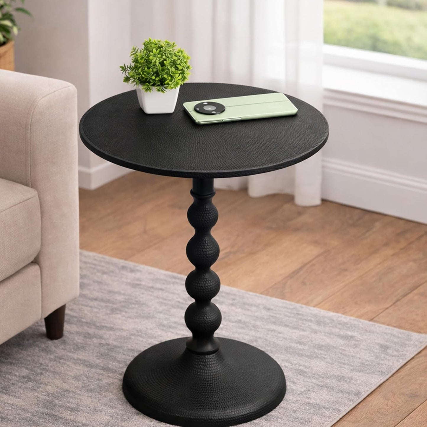 CLEENTABLE Round Metal Accent End Table – Modern Black Bedside Side Table with Hammered Top for Living Room, Bedroom, Balcony & Small Spaces, Easy Assembly Minimalist Design, 21" (Black)